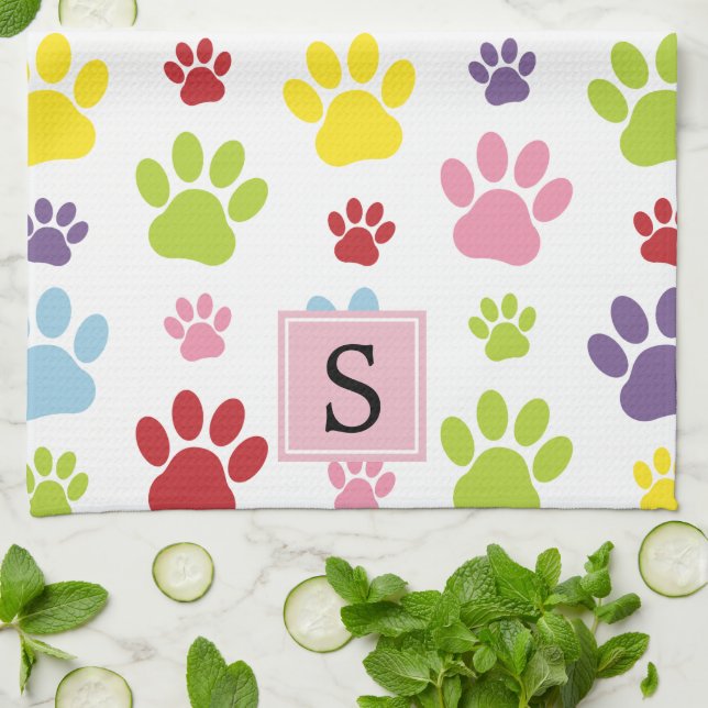 Colourful Paws, Paw Pattern, Dog Paws, Monogram Tea Towel (Folded)