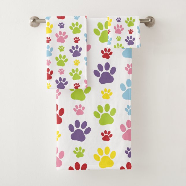 Colourful Paws, Paw Pattern, Dog Paws, Paw Prints Bath Towel Set (Insitu)