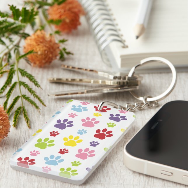 Colourful Paws, Paw Pattern, Dog Paws, Paw Prints Key Ring (Front Right)