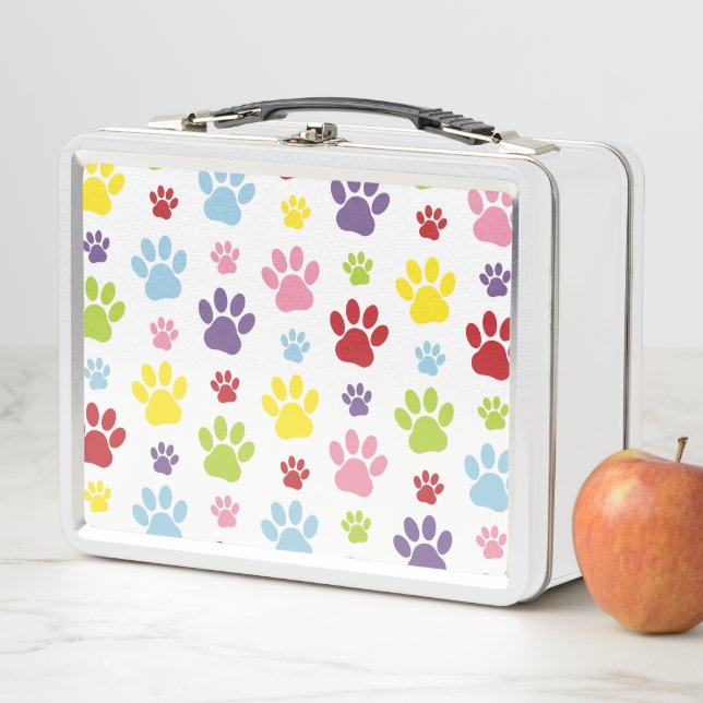 Colourful Paws, Paw Pattern, Dog Paws, Paw Prints Metal Lunch Box (In Situ)