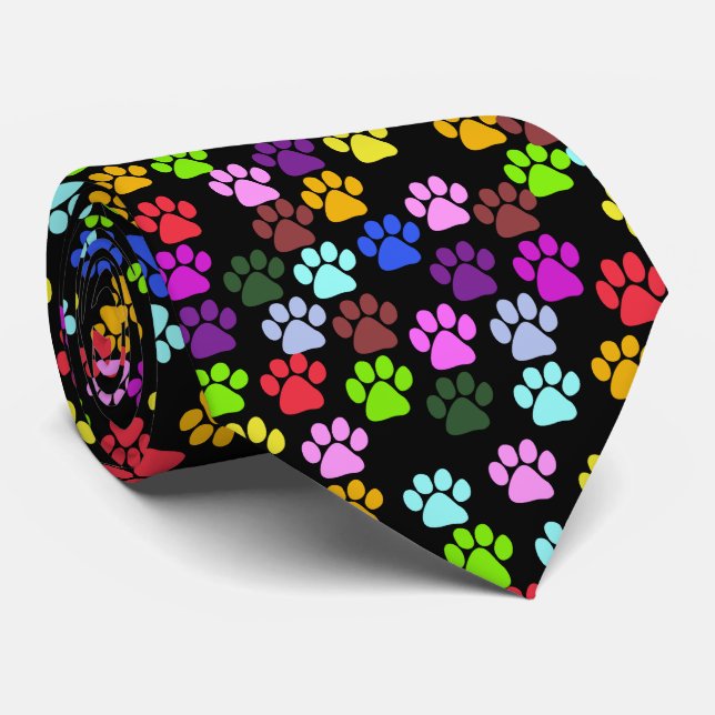 Colourful Paws, Paw Pattern, Dog Paws, Paw Prints Tie (Rolled)