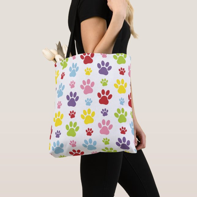 Colourful Paws, Paw Pattern, Dog Paws, Paw Prints Tote Bag (Close Up)