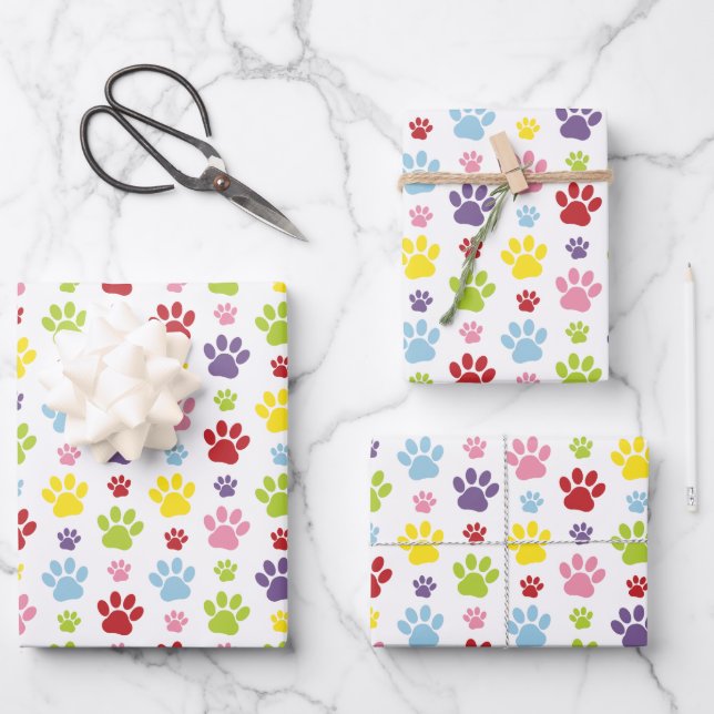 Colourful Paws, Paw Pattern, Dog Paws, Paw Prints Wrapping Paper Sheet (Front)