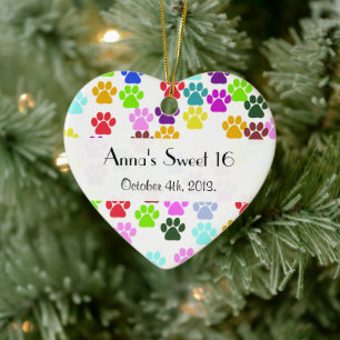 Colourful Paws, Paw Pattern, Dog Paws, Sweet 16 Ceramic Tree Decoration