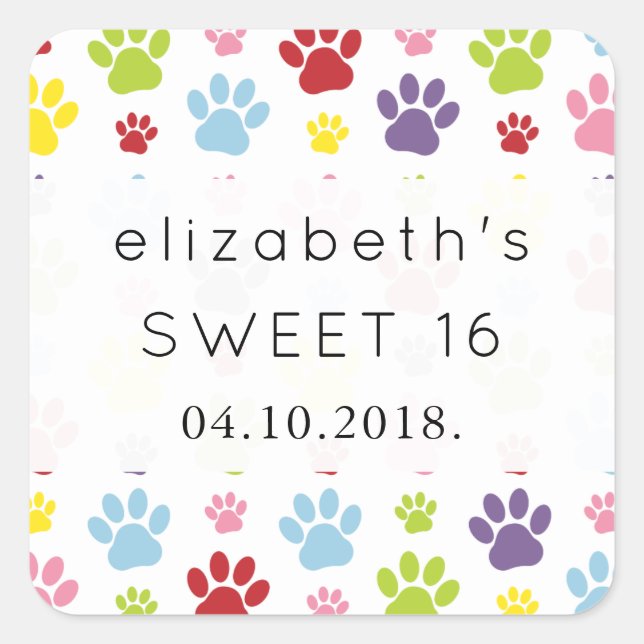 Colourful Paws, Paw Pattern, Dog Paws, Sweet 16 Square Sticker (Front)