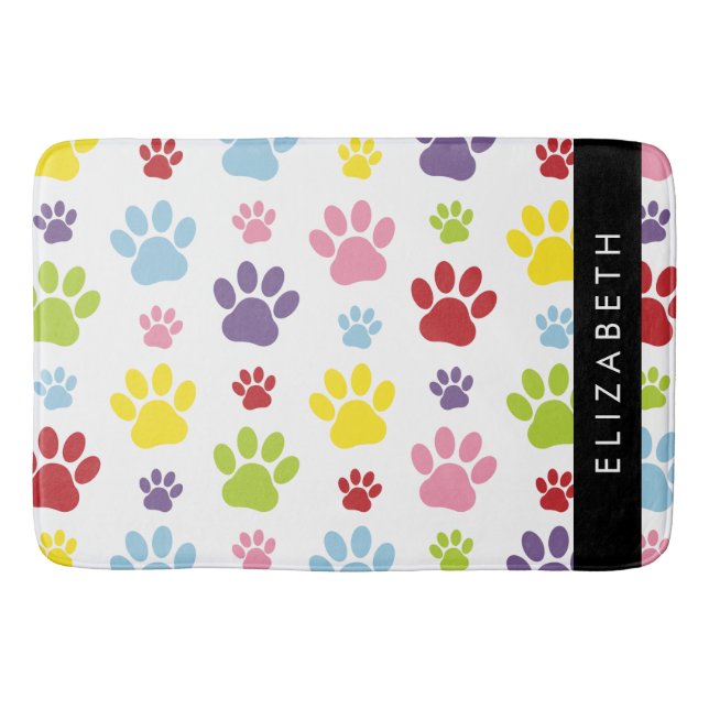 Colourful Paws, Paw Pattern, Dog Paws, Your Name Bath Mat (Front)