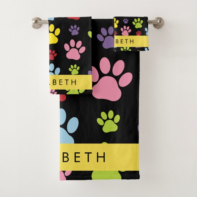 Colourful Paws, Paw Pattern, Dog Paws, Your Name Bath Towel Set (Insitu)