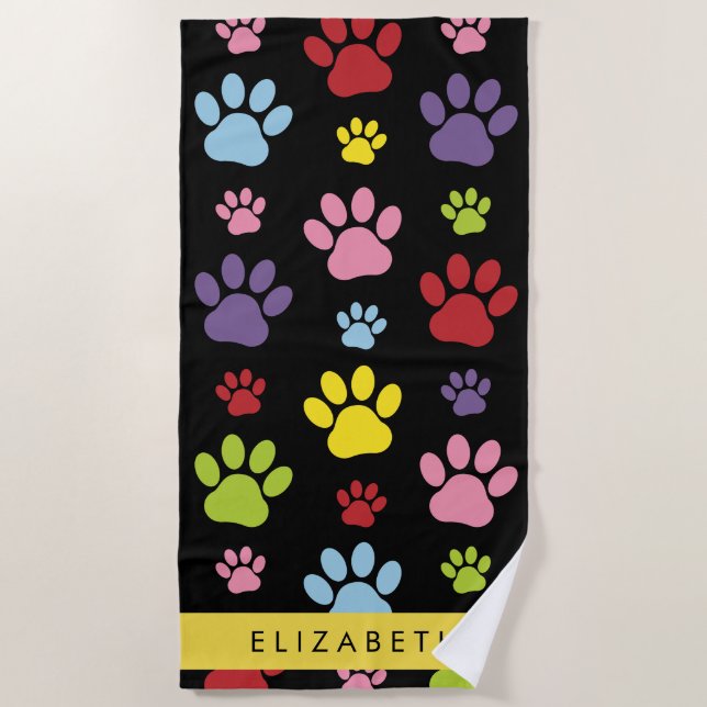 Colourful Paws, Paw Pattern, Dog Paws, Your Name Beach Towel (Front)