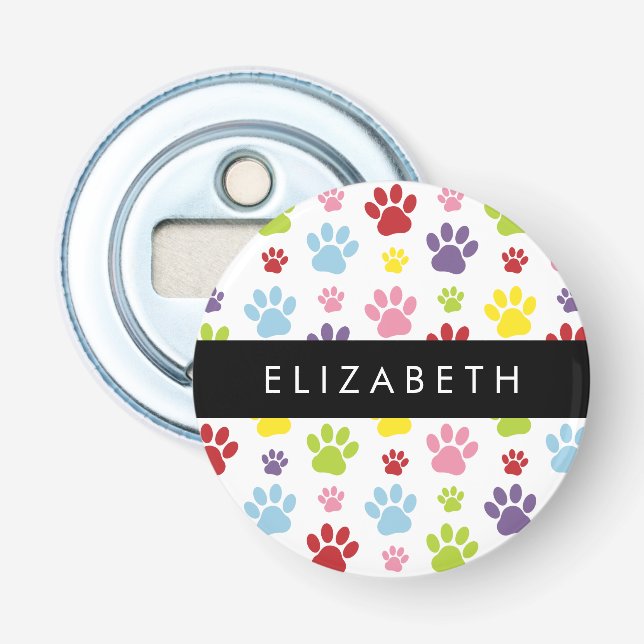 Colourful Paws, Paw Pattern, Dog Paws, Your Name Bottle Opener (Front)