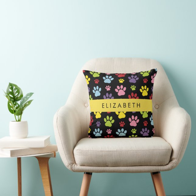 Colourful Paws, Paw Pattern, Dog Paws, Your Name Cushion (Chair)