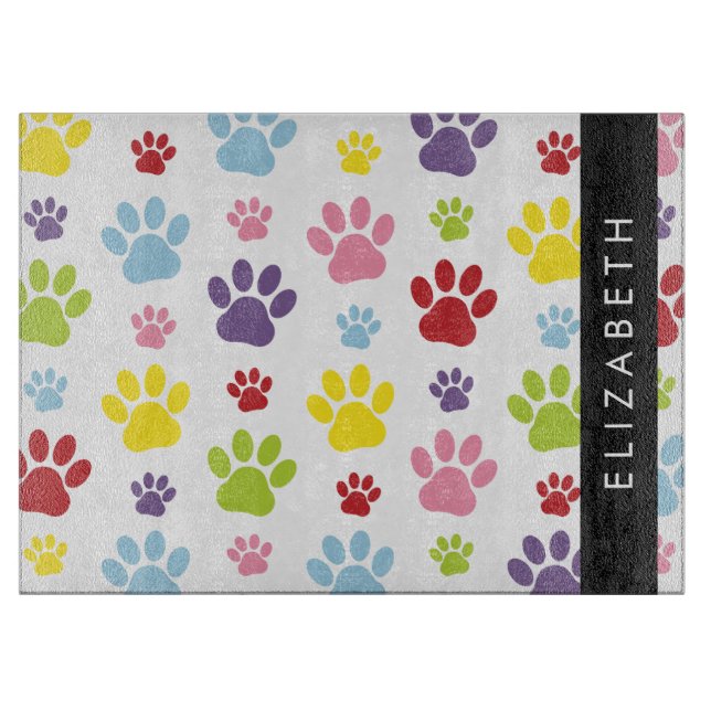 Colourful Paws, Paw Pattern, Dog Paws, Your Name Cutting Board (Front)