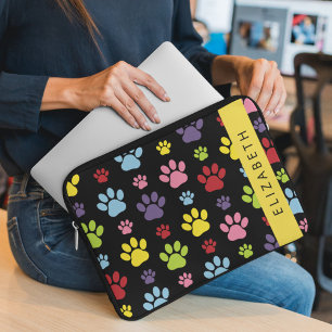 Colourful Paws, Paw Pattern, Dog Paws, Your Name Laptop Sleeve