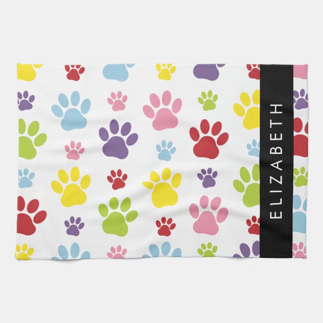 Colourful Paws, Paw Pattern, Dog Paws, Your Name Tea Towel (Horizontal)