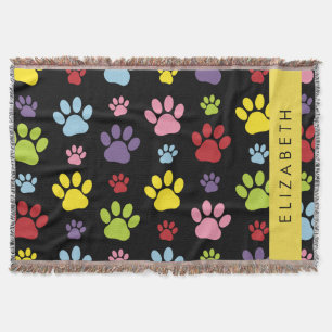 Colourful Paws, Paw Pattern, Dog Paws, Your Name Throw Blanket