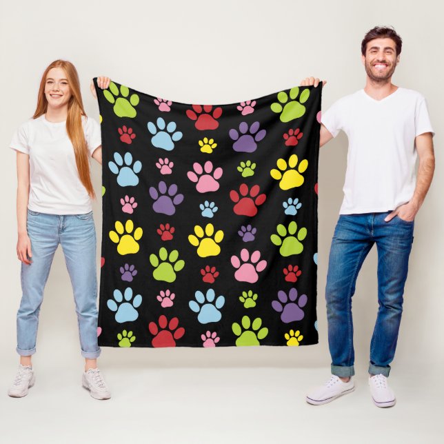 Colourful Paws, Paw Pattern, Paw Prints, Dog Paws Fleece Blanket (In Situ)