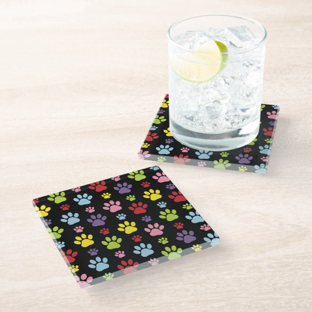 Colourful Paws, Paw Pattern, Paw Prints, Dog Paws Glass Coaster (Angled)