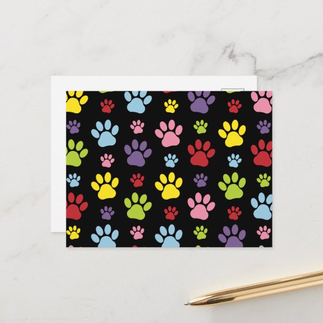 Colourful Paws, Paw Pattern, Paw Prints, Dog Paws Postcard (Front/Back In Situ)