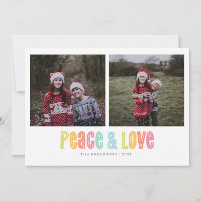 Colourful Peace and Love Two Photo Christmas Holiday Card (Front)