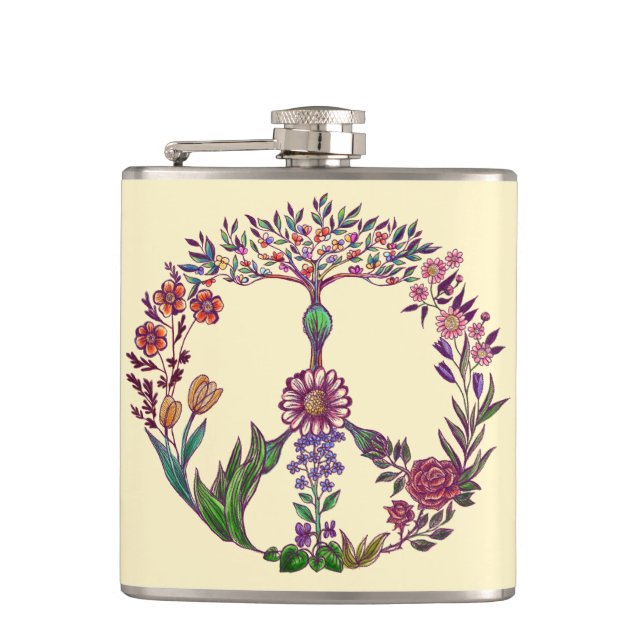 Colourful Peace Floral Cute Boho Hippie Wholesome Hip Flask (Front)