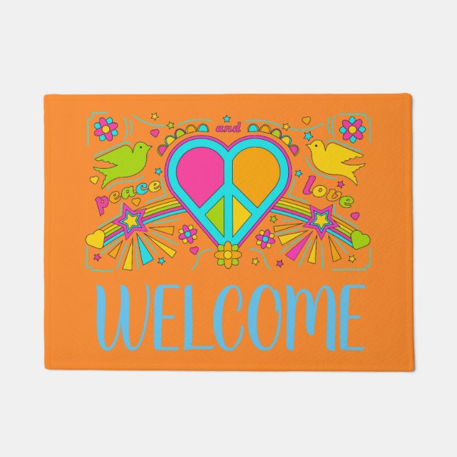 Colourful peace hippy 60s welcome mat (Front)