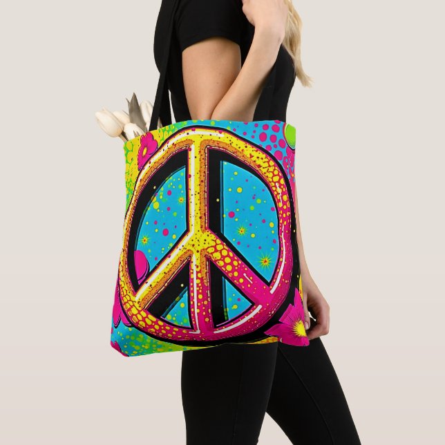 Colourful Peace & Love Vibe Tote Bag (Close Up)