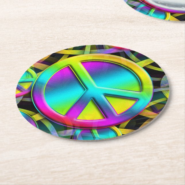 Colourful PEACE seamless pattern + your ideas Round Paper Coaster (Angled)