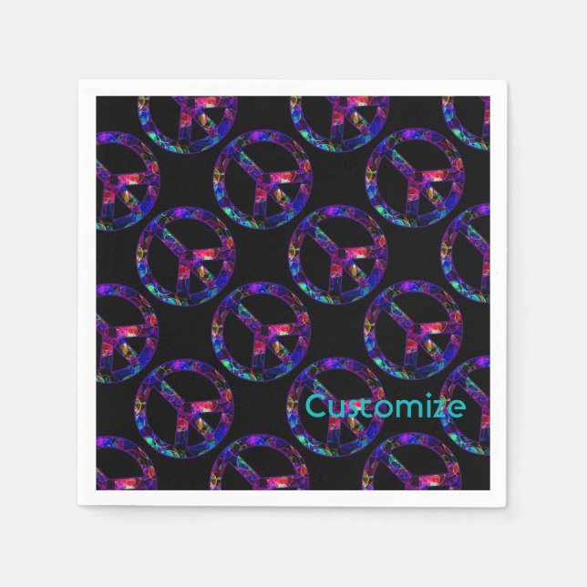 Colourful Peace Sign Pattern Black Napkins (Front)