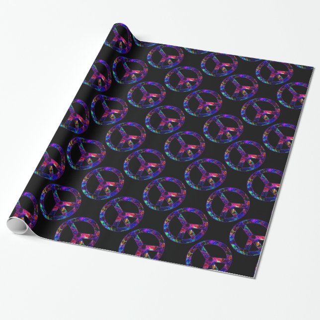 Colourful Peace Sign Pattern Black Wrapping Paper (Unrolled)