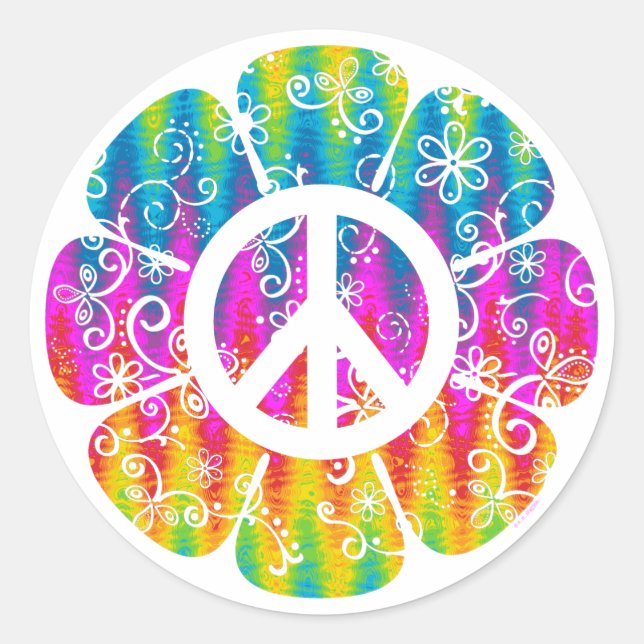 Colourful Peace Symbol Flower Classic Round Sticker (Front)