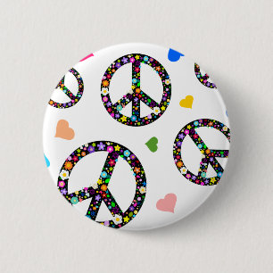 Colourful Peace symbol, flowers and Hearts 6 Cm Round Badge