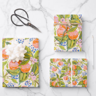 Colourful peaches with flowers  wrapping paper sheet