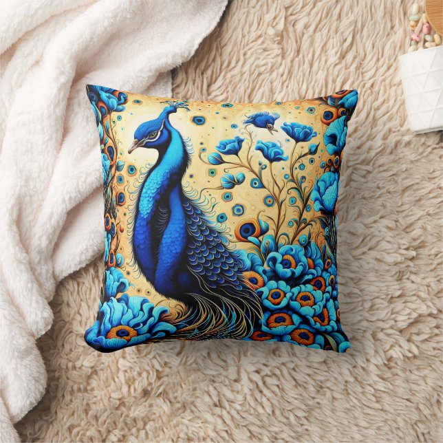 Colourful Peacock Among Vibrant Blue Flowers Cushion (Blanket)