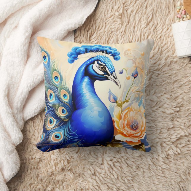Colourful Peacock Among Vibrant Flowers Cushion (Blanket)