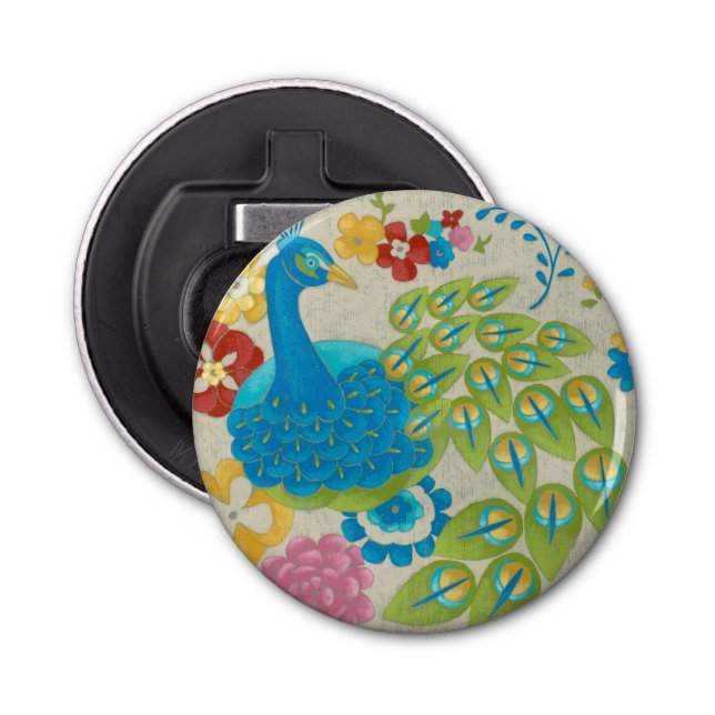 Colourful Peacock and Flowers Bottle Opener (Front)