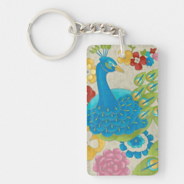 Colourful Peacock and Flowers Key Ring (Front)