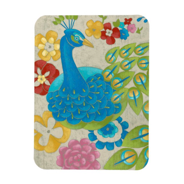 Colourful Peacock and Flowers Magnet (Vertical)