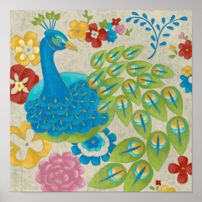 Colourful Peacock and Flowers Poster (Front)