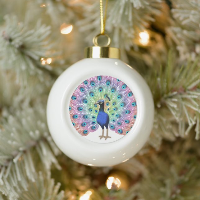 Colourful Peacock Ceramic Ball Christmas Ornament (Tree)