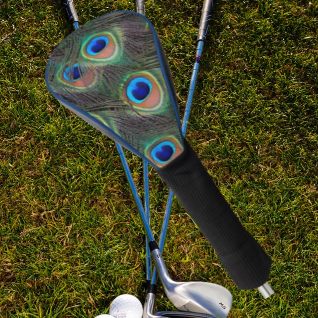 Colourful Peacock Feather Eyespot Pattern Golf Head Cover (In Situ Golfing)