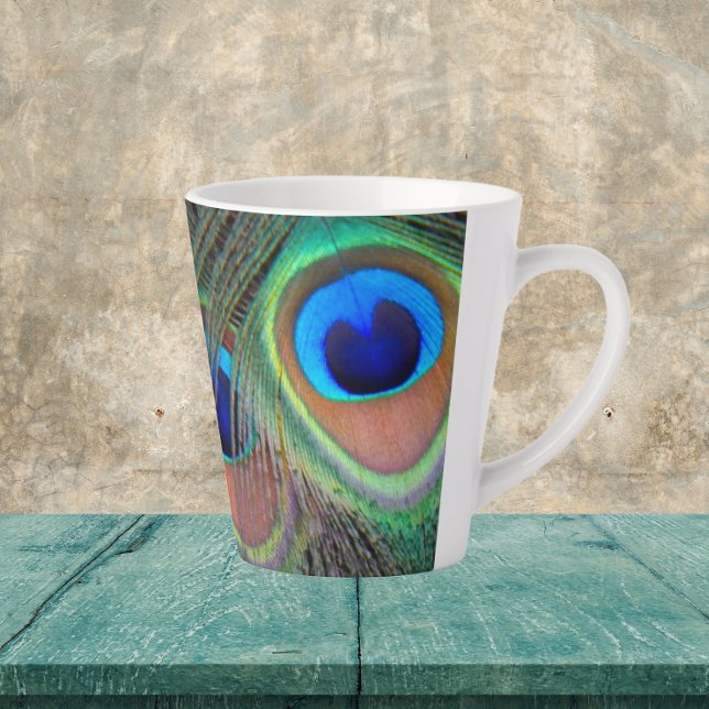 Colourful Peacock Feather Eyespot Pattern Latte Mu Mug (In Situ Table)