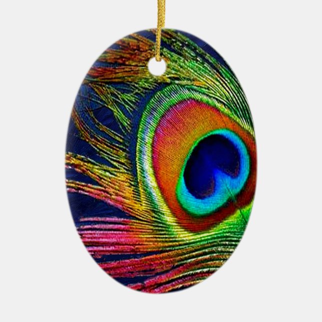 Colourful Peacock Feather Print Ceramic Tree Decoration (Front)