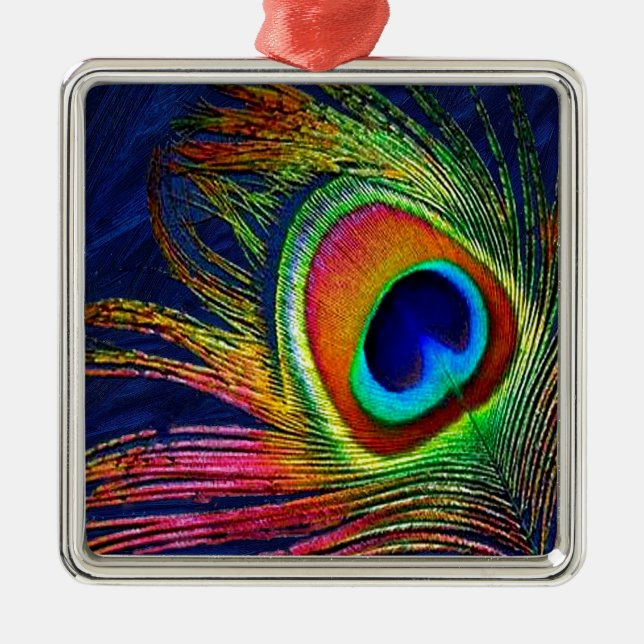Colourful Peacock Feather Print Metal Tree Decoration (Front)