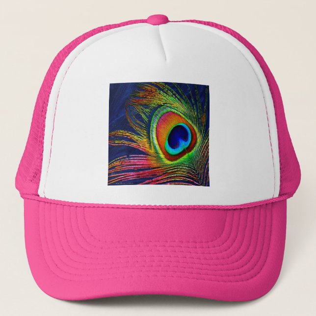 Colourful Peacock Feather Print Trucker Hat (Front)