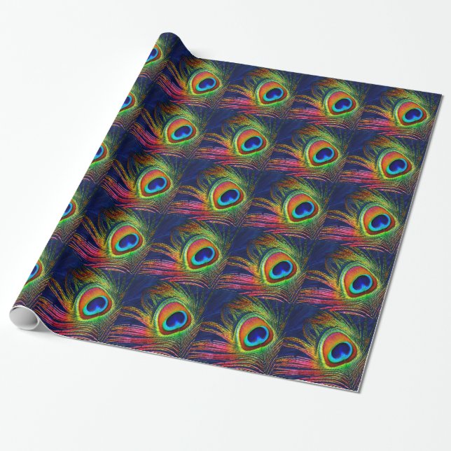 Colourful Peacock Feather Print Wrapping Paper (Unrolled)