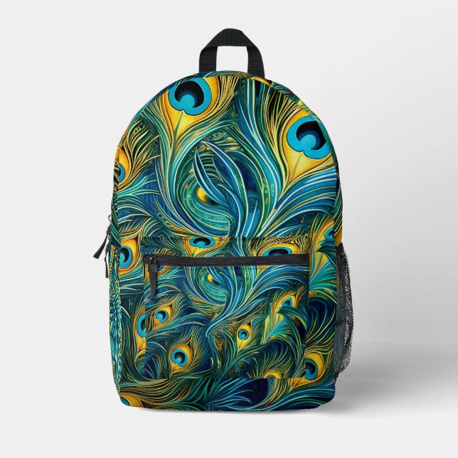 Colourful Peacock feather Printed Backpack (Front)