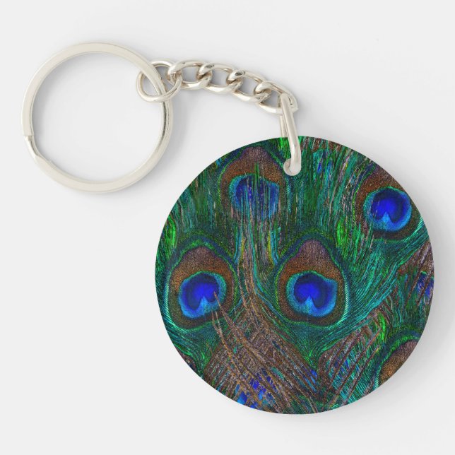 Colourful Peacock Feathers Etching Style Key Ring (Front)