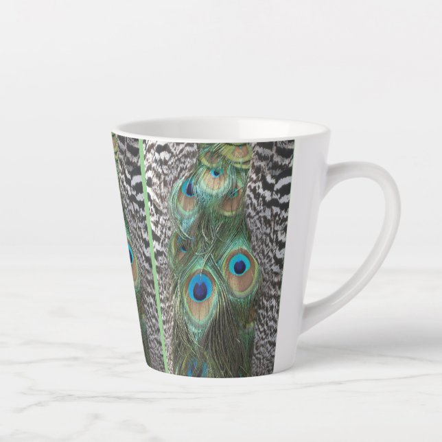 Colourful Peacock Feathers Pattern Cust. Latte Mug (Right)