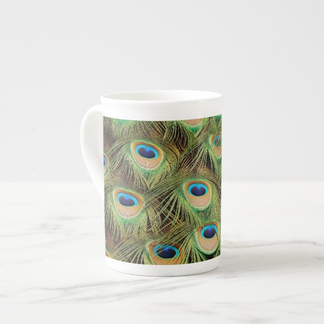 Colourful peacock feathers print bone china mug (Front Left)