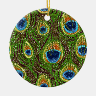 Colourful Peacock Feathers Print Ceramic Tree Decoration