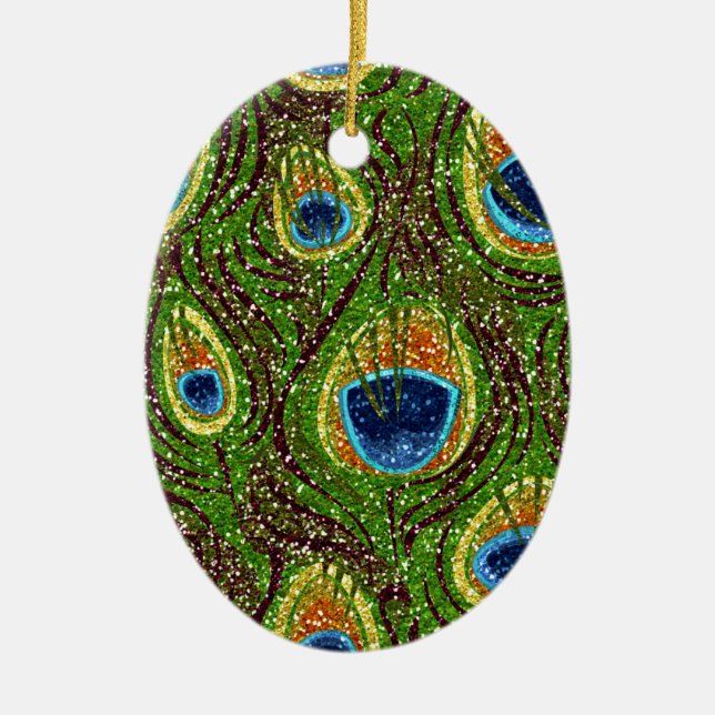 Colourful Peacock Feathers Print Ceramic Tree Decoration (Front)